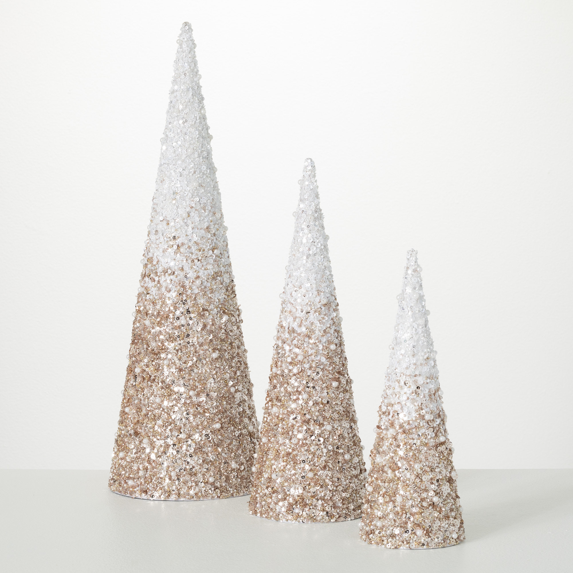 The Holiday Aisle® 11.5"H, 14.75"H And 20"H Beaded Cone Tree Set, Christmas Decor; Gold | Wayfair