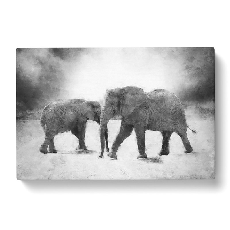 Elephants Crossing Paths Painting - Wrapped Canvas, 40cm H x 60cm W x 3cm D