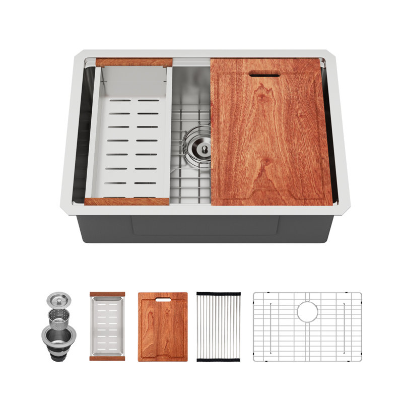27" L x 19" W Undermount Kitchen Sink Workstation Single Bowl Sink 16 Gauge Stainless Steel Sink