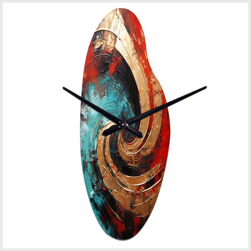 Red Blue Majestic Motion Spiral III - horloge murale incurvée en spirale abstraite, horloge asymétrique rouge, Grand