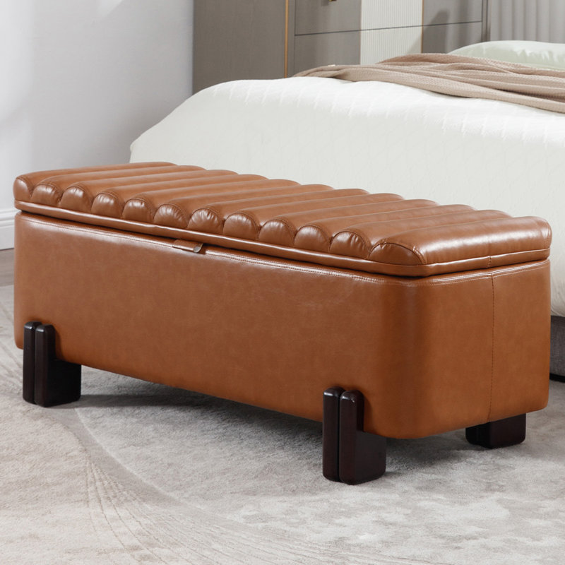 Upholstered Flip Top Storage Bench With Solid Wood Legs, Brown Faux Leather, Black