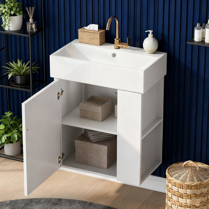 Meuble-lavabo flottant 21,6 po - Bassin en céramique + rangement à droite et poignée en or rose