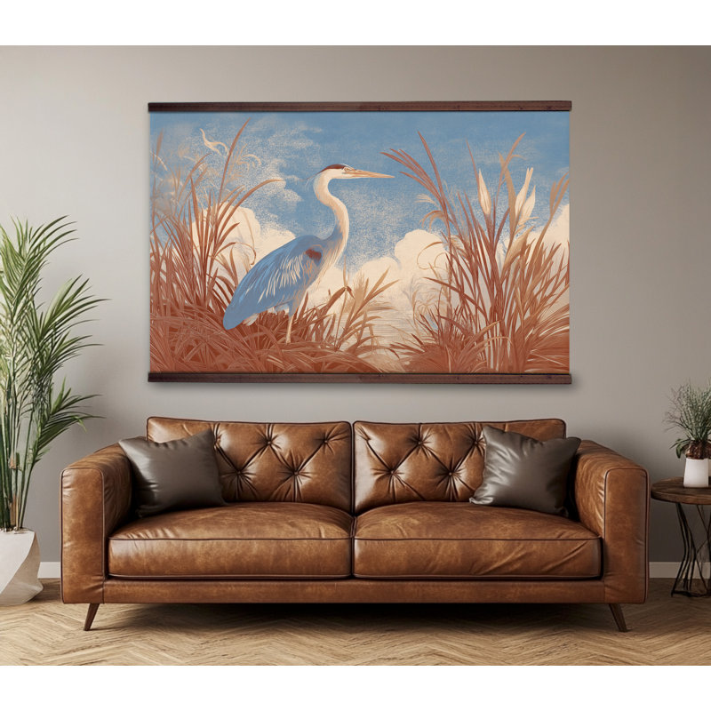 «Blue Heron in Marsh», art mural - toile de paysage avec cintre en bois, H 40 po x l 60 po 