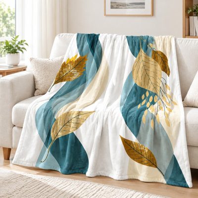 Jeté en flanelle à motif de feuilles abstraites - art botanique, bleu sarcelle, doré, crème, vagues géométriques, couleurs vives, léger, confortable, décoratif, pour canapé, canapé, salon et chambre à coucher