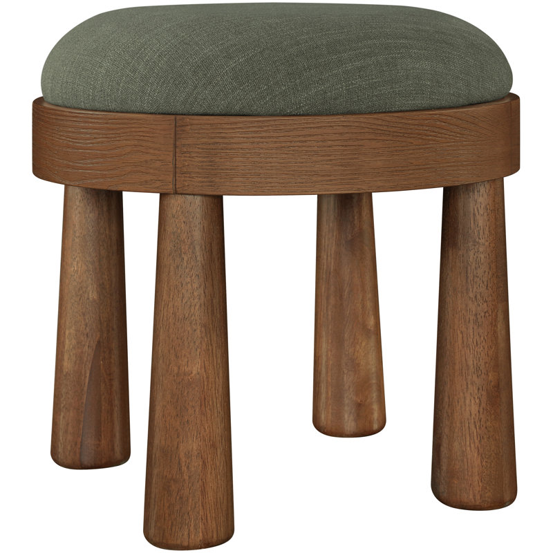Repose-pieds rembourré Larea, Tissu olive texturé en lin, Noyer teinté