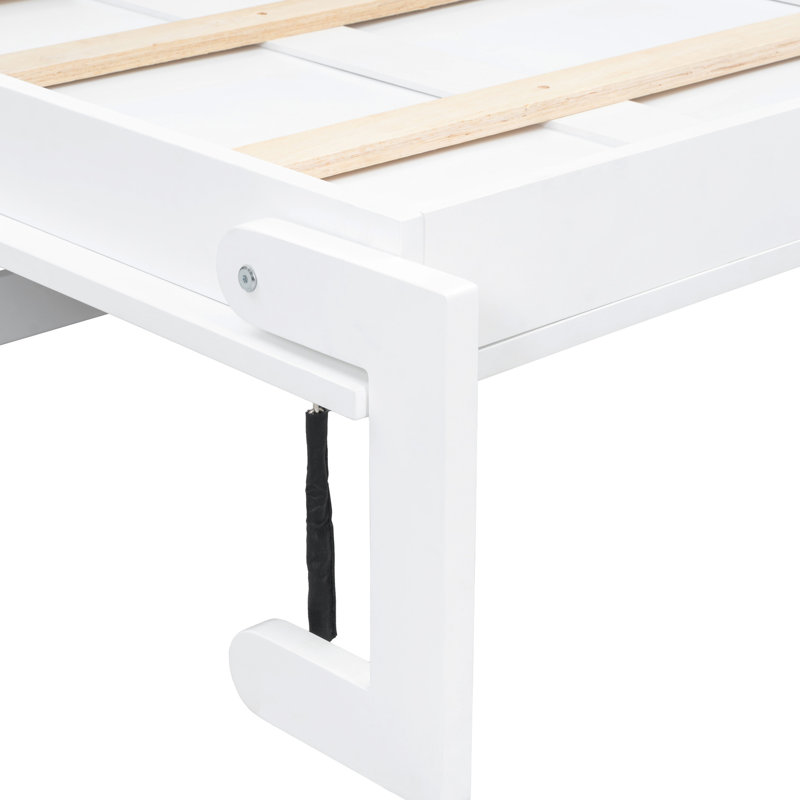 Lit escamotable simple avec station de charge intégrée, tiroir de rangement et structure en bois massif rustique, blanc