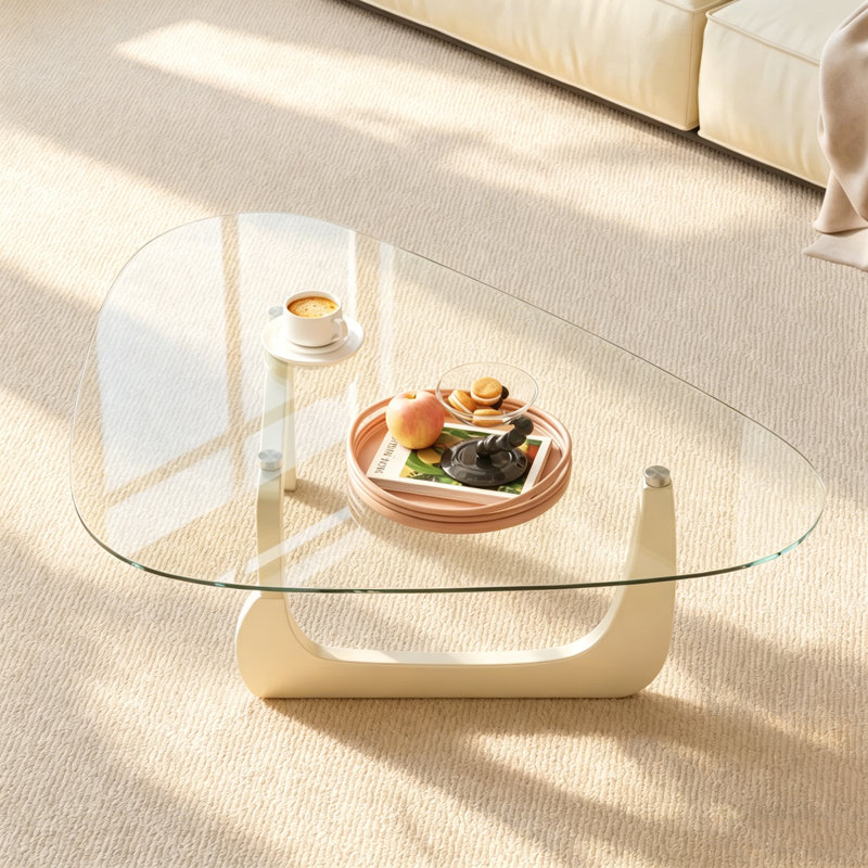 51" Triangle Glass Coffee Table With Solid Wood Base Clear Top Mid Century Center Table For Living Room, White