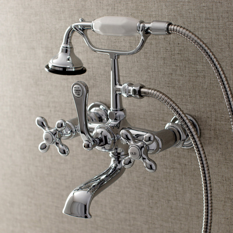 Kingston Brass Aqua Vintage Three-Handle 2-Hole Tub Wall Mount Clawfoot Tub Faucet with Hand Shower, Polished Chrome