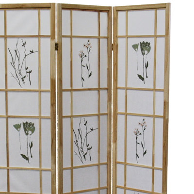 70" Tall Screen 3 For Room Divider, Natural Solid Pine, Traditional Asian Style, Floral Print, 50w X 70h Inches Divider Tall, Finish, Asian,