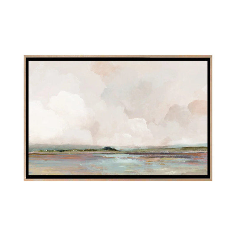 Lever de soleil rose, Toile avec cadre flottant en bois naturel, H 18 po x l 26 po x P 1,5 po, Pas de tapis