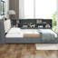Lit plateforme double en bois gris avec tête de lit, étagères intégrées, 2 tiroirs et système de lattes Safe Comfort Design-130465861