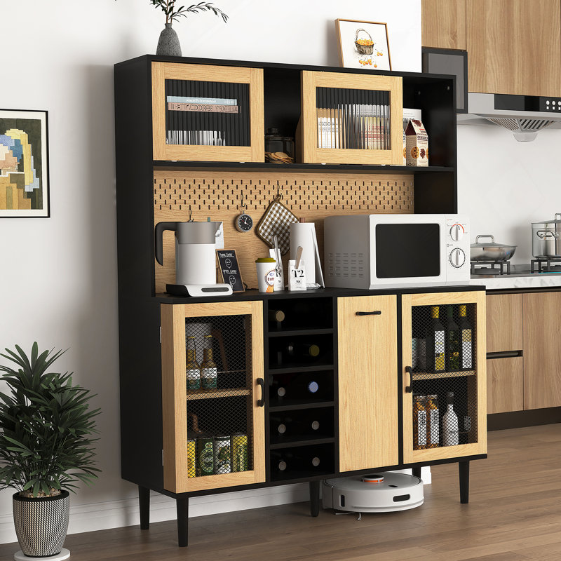 59" H Buffet Sideboard Cabinet With Storage Door & Power Outlet, Farmhouse Coffee Bar Cabinet With Wine Rack, Kitchen Pantry Living Room Black&Natural