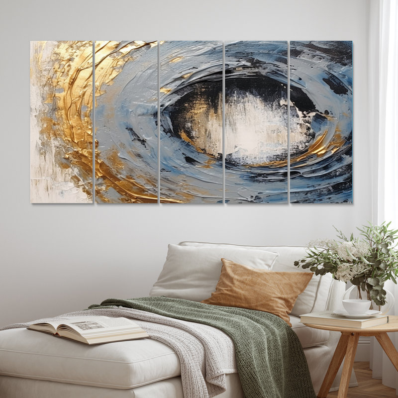 «Gold and Blue Vibrant Spirals I», reproduction d'art abstrait spirales abstraites - 5 panneaux égaux