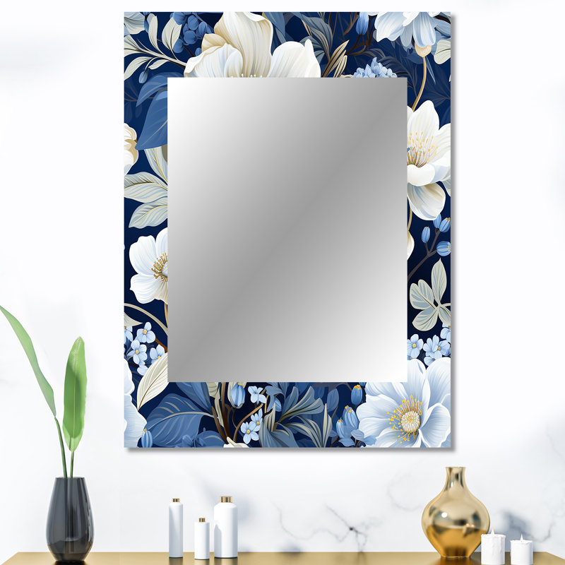 Icy Blue Snowy White Flowers Scenery - miroir décoratif floral, miroir mural de maison de campagne, impression d'art en métal