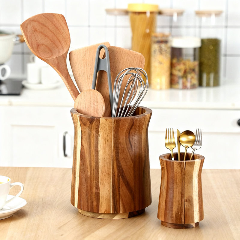 Porte-ustensiles de cuisine rotatif à 360 °, pot en bois d'acacia (brun)