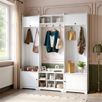 79.1'' Wide Modern Hall Tree – Stylish 4-In-1 Entryway Bench With 8 Cubbies, 7 Coat Hooks & Adjustable Shelf For Your Hallway Or Living Room, White