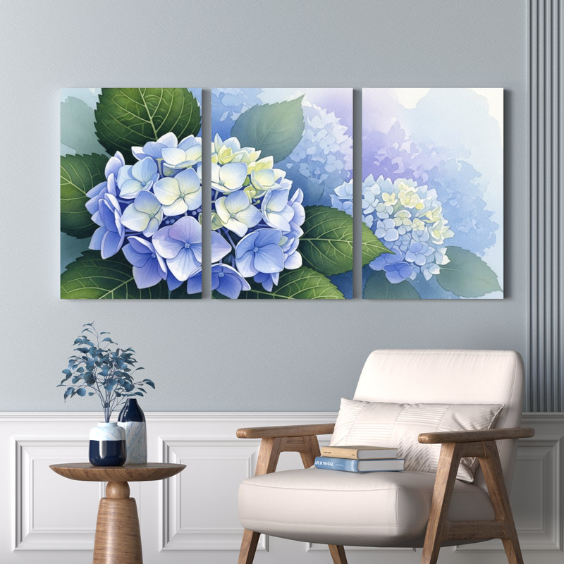 «Blue Hydrangea», reproduction d'art sur toile tendue sur toile, ensemble de 3, H 18 po x l 36 po