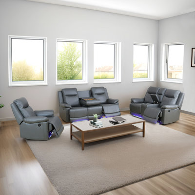 Lyydia Deep Gray Breathing Leather 3-Piece Living Room Recliner Sofa Set