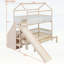 Lit superposé en bois en forme de maison avec glissière et escalier de rangement, structure de lit simple / simple / double pour enfants, beige et blanc