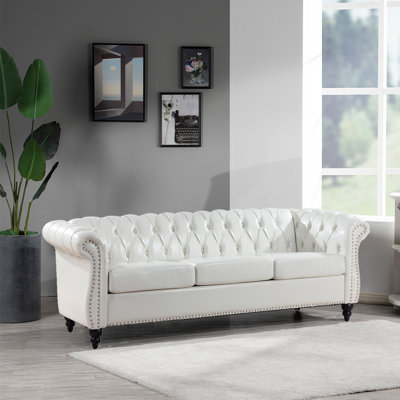 84"" Morden Design Chesterfield Faux Leather Sofa 3 Seater Sofa, Grey -  Alcott HillÂ®, 869D53AA078D44D1839D58445C3E2A86