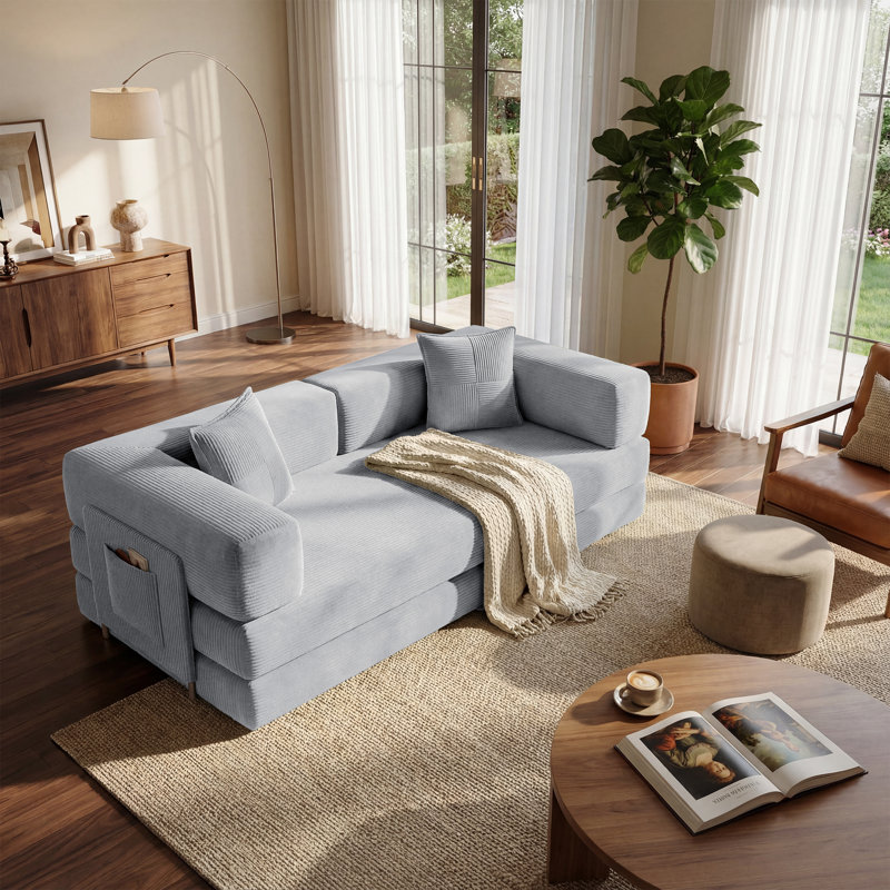78.8'' Corduroy Convertible Sofa Bed Upholstered Sleeper Sofa with Armrest and Pillow, Gray