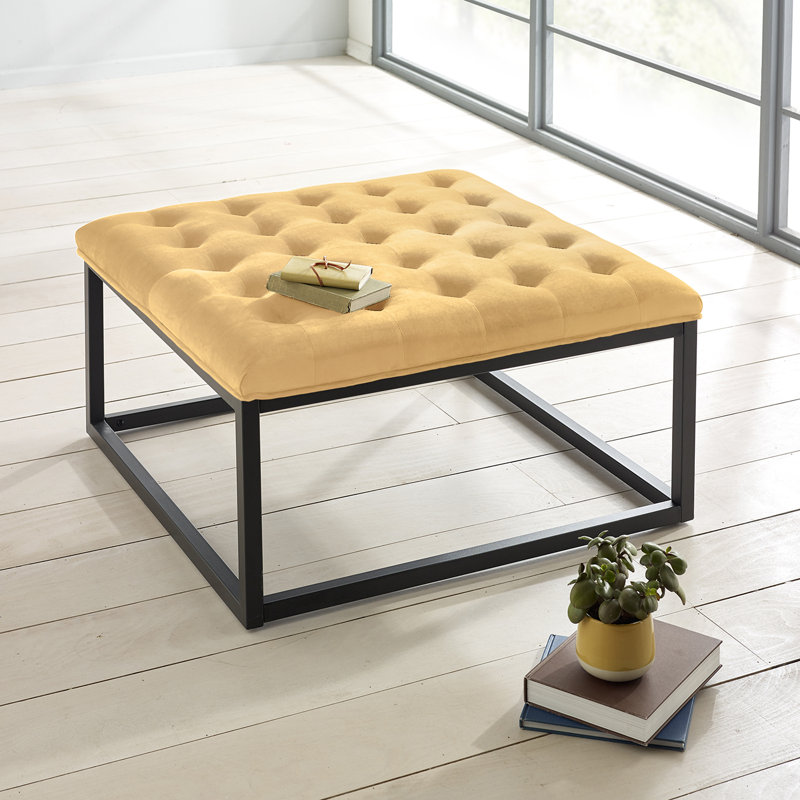 Ava 87cm Wide Velvet Tufted Square Solid Colour Footstool Ottoman, Mustard
