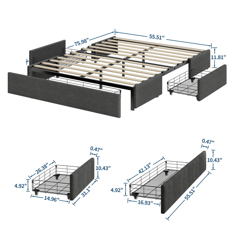 Structure de lit double avec 3 tiroirs de rangement sous le lit gris clair | Plateforme, sans tête de lit, sommier à lattes en bois, sans sommier, assemblage facile, fonctionnement silencieux