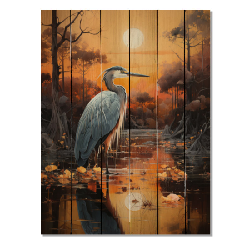 Heron Silent Waters Pointillism II - impression sur bois sans cadre, H 20 po x l 10 po x P 0,78 po