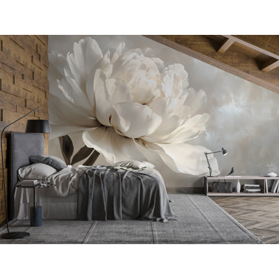 Grande murale pivoine - Papier peint floral neutre élégant pour décor de chambre à coucher