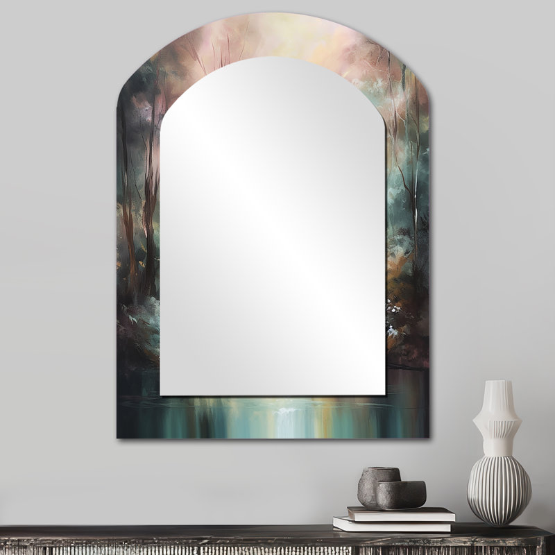 Whimsical Stream - miroir asymétrique de montagnes, miroir mural unique de forme unique beige, impression d'art en métal