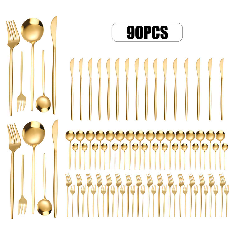 Gold Tableware Set of 90 Pieces (18 Forks, Salad forks, Dinner spoons, Tea spoons, and Knives each)