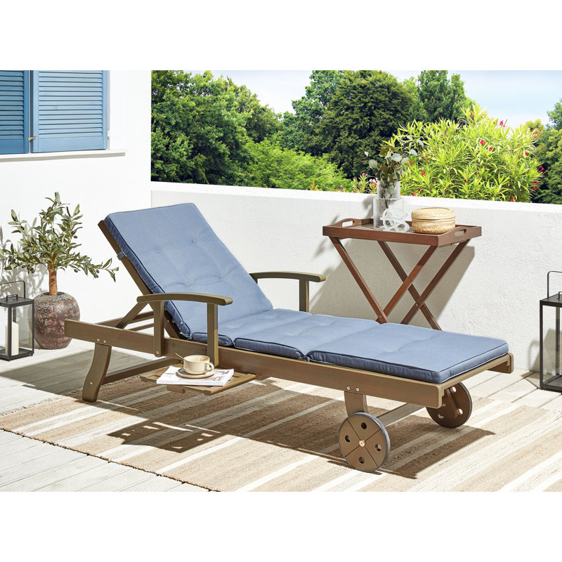 Kenneth 196cm Long Reclining Acacia Single Chaise with Cushions, Blue