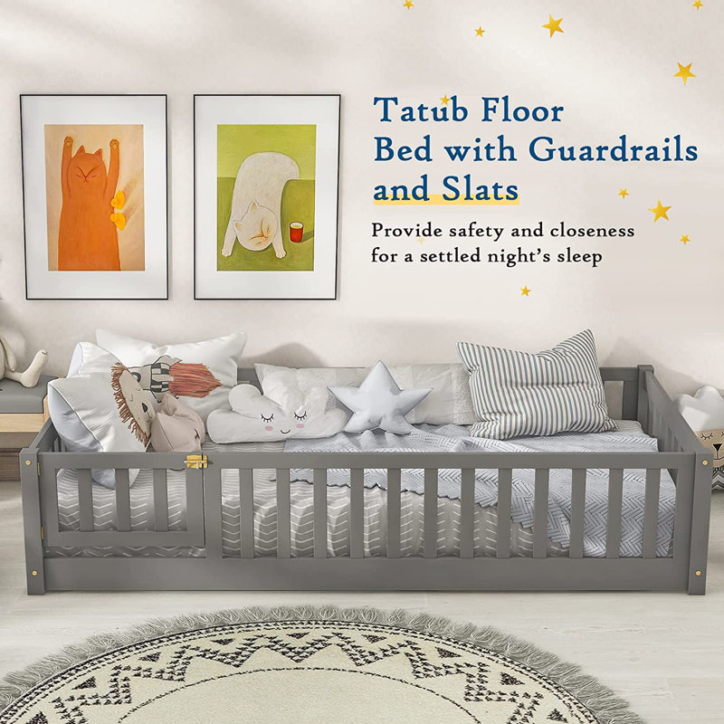 Twin Size Floor Bed With Safety Guardrails And Door And Slats, Toddler Floor Bed Frame For Girls And Boys, Twin, Gray