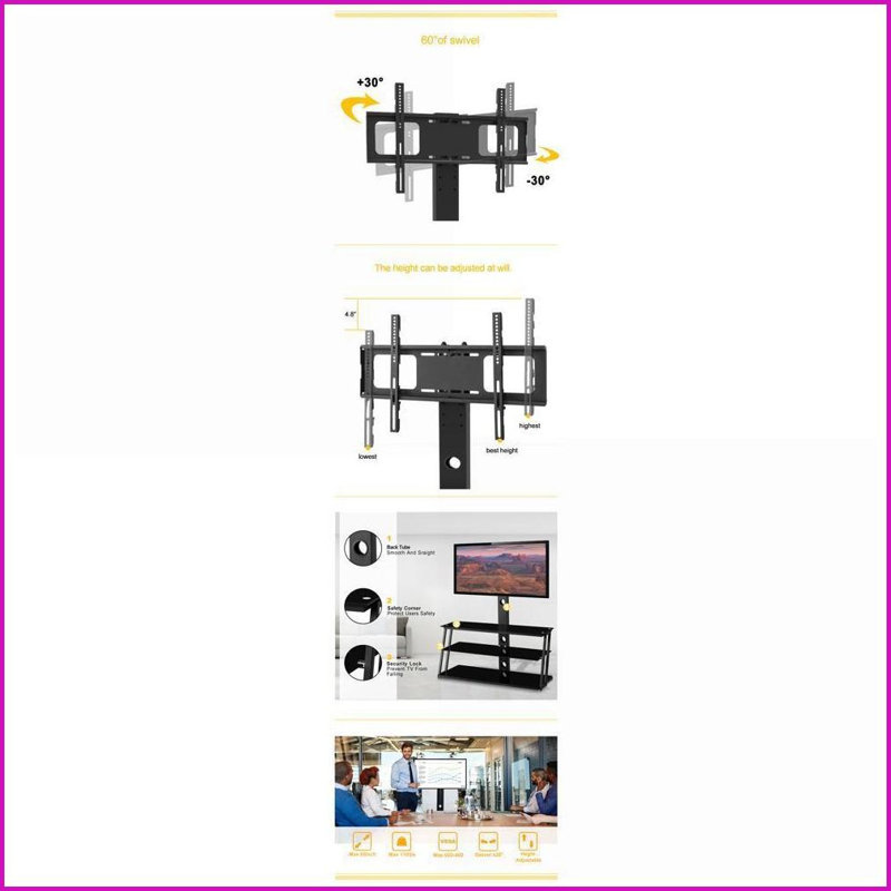 TV Furniture, Modern Black Tempered Glass Swivel TV Stand | Fits 32-65 Inches | Black | Glass
