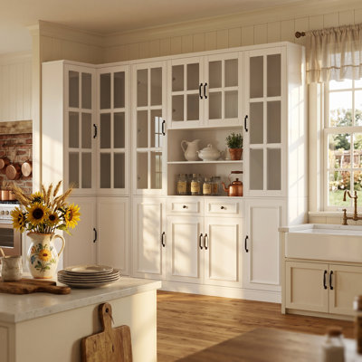 94.5" Corner Pantry Cabinet With Glass Doors, Drawers, And Adjustable Shelves, Freestanding Kitchen Storage Hutch