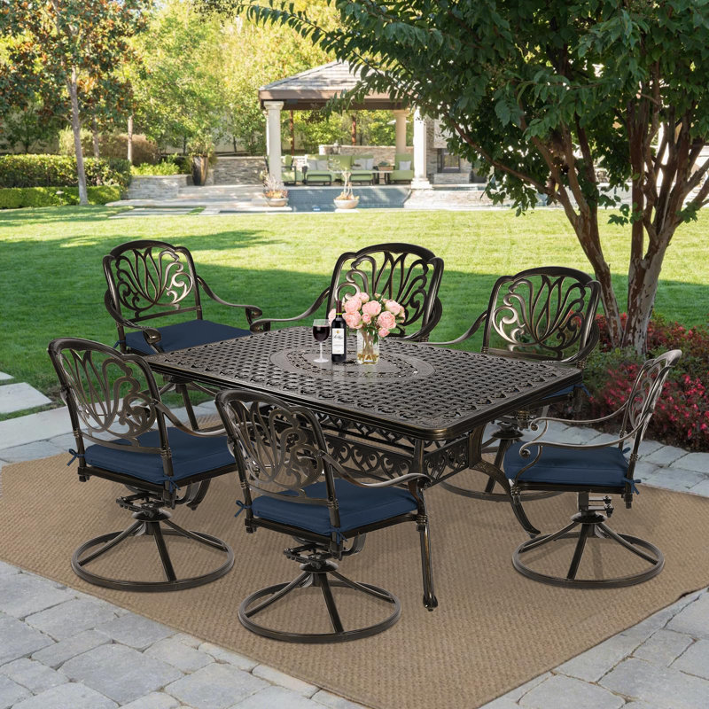 6 - Person Patio Dining Set with Rectangular Table , Cushions Included, Navy Blue
