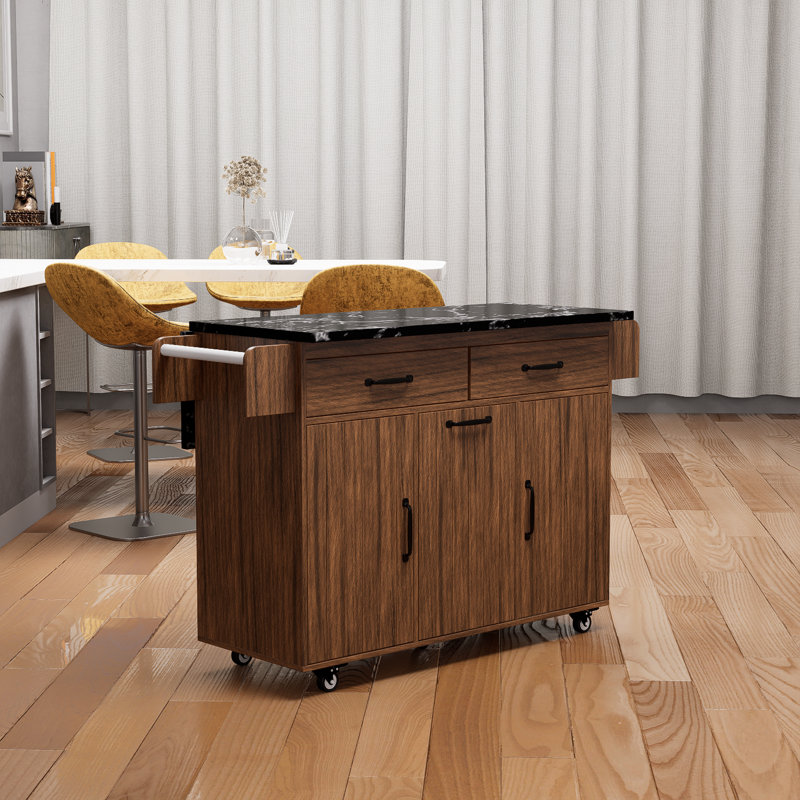 Walnut Brown Kitchen Island With Trash Can Storage, Kitchen Cart With Leaf Drop, Spice Rack, Towel Rack And Drawers, Rolling Kitchen Island With Adjustable Shelves On Wheels