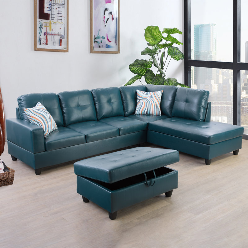 3-Piece Upholstered L-shaped Living Room Sectional, Right Hand Facing, Denim