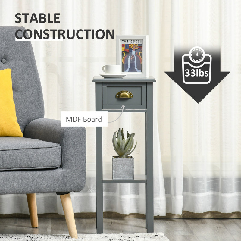 Gray Wooden Narrow End Table with Drawer and Shelf