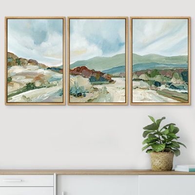 " Pastel Watercolor Blue Sky Mountain Range Abstract Landscape Rustic Art Decor Scenic Bedroom " 3 - Pieces
