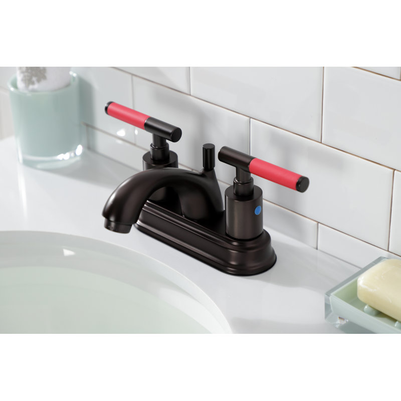 Kingston Brass Kaiser Two-Handle 3-Hole Deck Mount 4" Centerset Bathroom Faucet with Plastic Pop-Up, Dark Brown