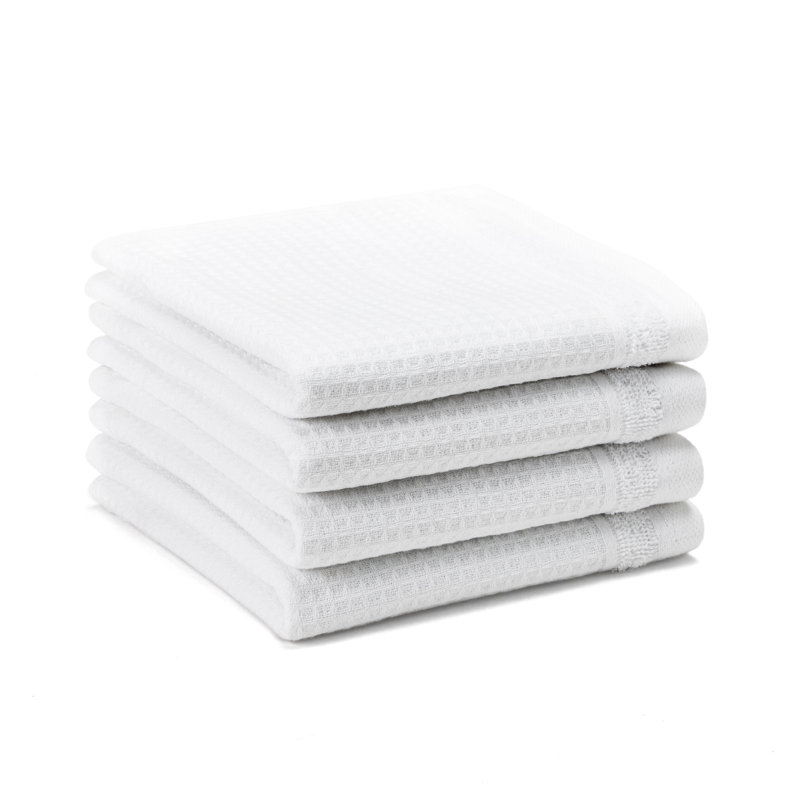 TOWN & COUNTRY BASICS 4-Piece Waffle Woven Terry Stripe Washcloth Set, 13x13-Inch, 100% Cotton, Quick Dry, White