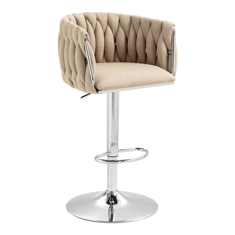 Swivel Bar Stools Set of 2 with Adjustable Height, Woven Back & Footrest, Silver Chrome Finish,, Yellow Velvet
