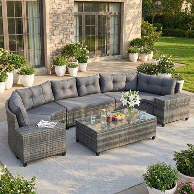 Ensemble de canapé modulaire en osier 8 pièces avec table basse et tables d'appoint en verre trempé 8 pièces, gris