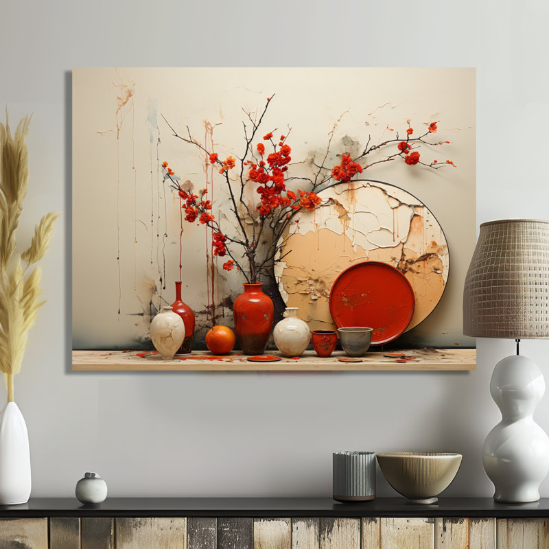 Vase rouge fleurs rouges séchées, Toile tendue, H 24 po x l 32 po x P 1 po