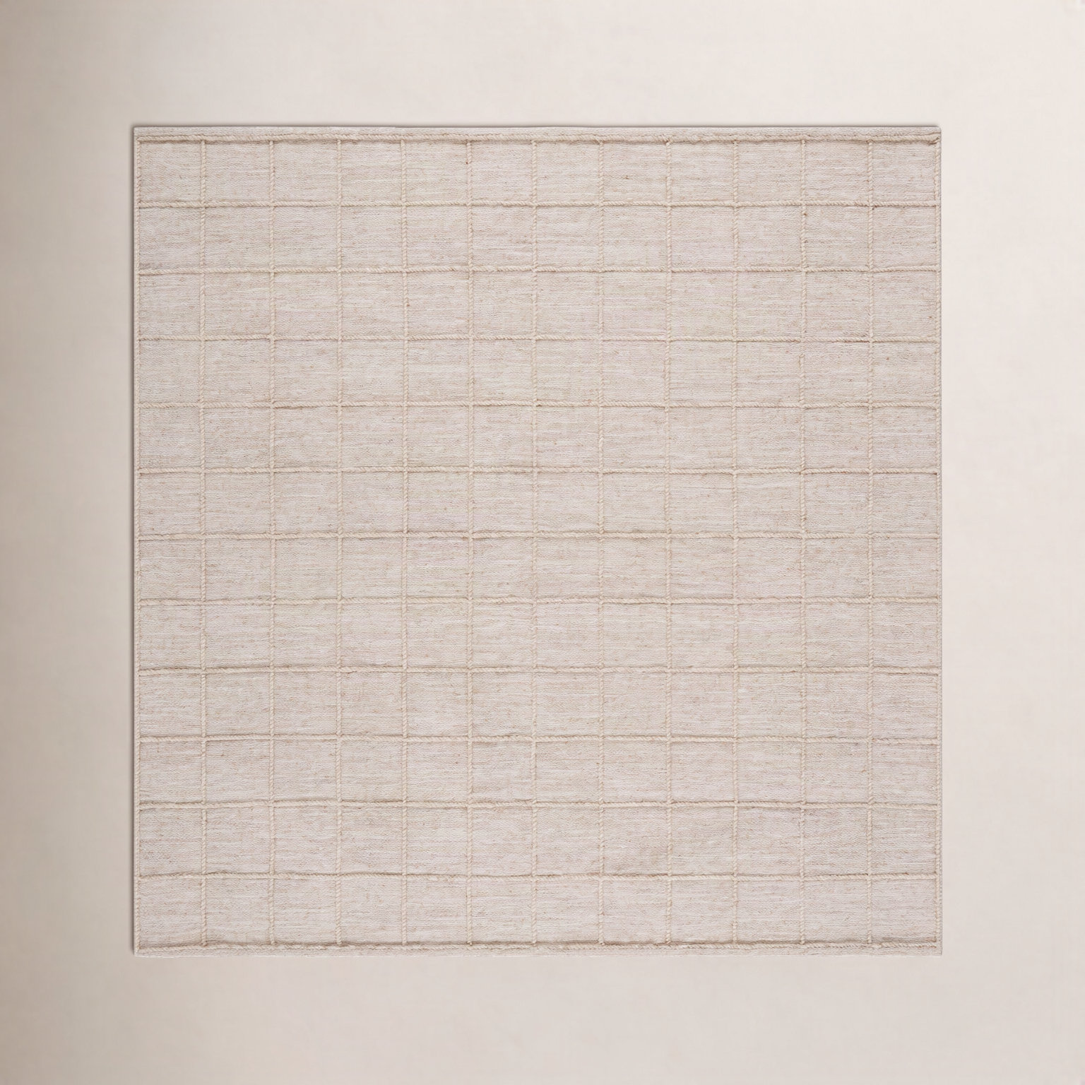 Beige Hand-Woven Geometric Wool Rug, Square 6'