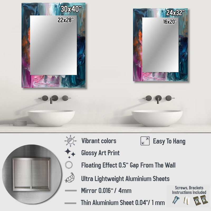 Modern Blue and Pink Abstract - Abstract Mirror, Blue Unique Wall Mirror, Printed Metal Art, 32" x 24"