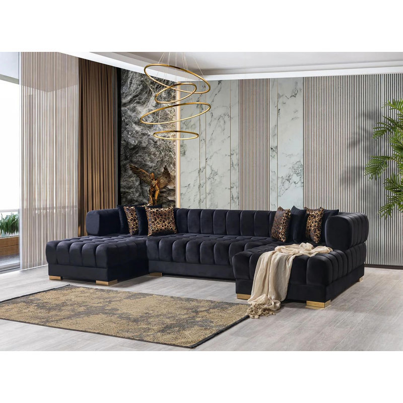 Ariana Velvet Double Chaise Sectional, Black Velvet