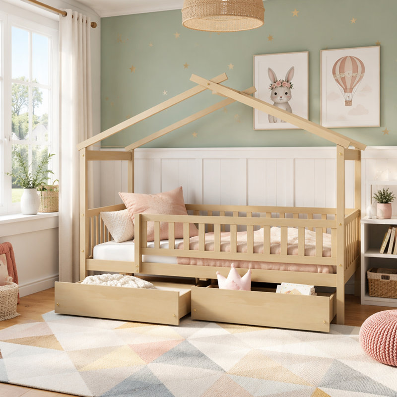 Lit de maison en bois avec deux tiroirs, conception durable pour les chambres d'enfants, Natural, Full / Double