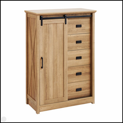 Commode à 5 tiroirs avec porte de grange coulissante, style campagnard rustique pour un rangement polyvalent et une esthétique moderne